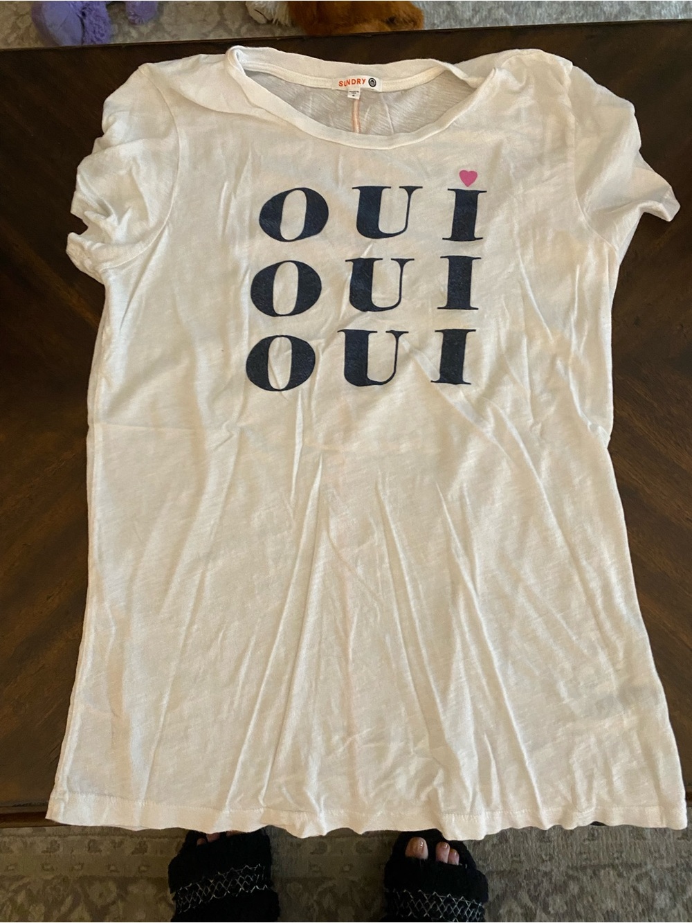 Sundry White Tee with Navy 'OUI' Stack and Pink Heart